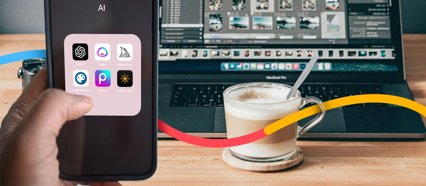 image of cell phone with photo editing apps and a laptop and coffee on a desk in the background