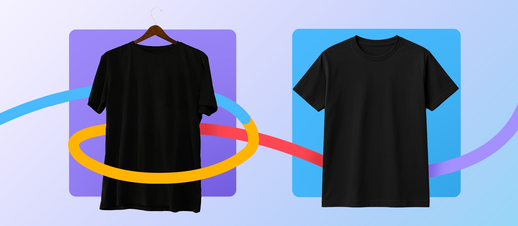 Side-by-side comparison of a black T-shirt on a wooden hanger and the same shirt digitally edited with background removal and alignment improvements.