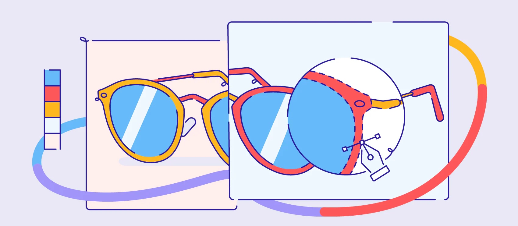 Illustration showing clipping path techniques for editing sunglasses in vibrant colors