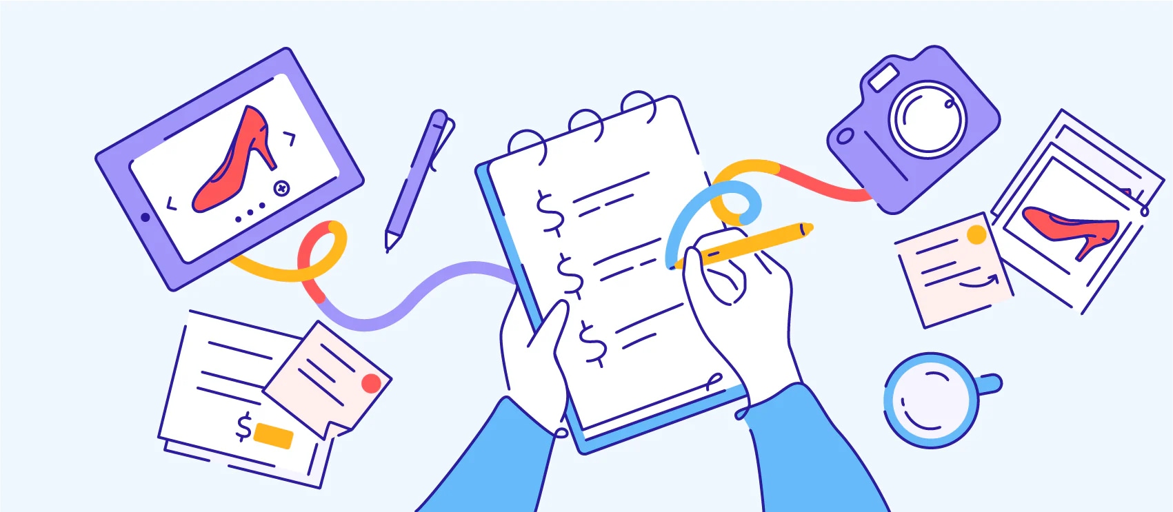 Colorful illustration of tools and icons for print-on-demand and eCommerce management