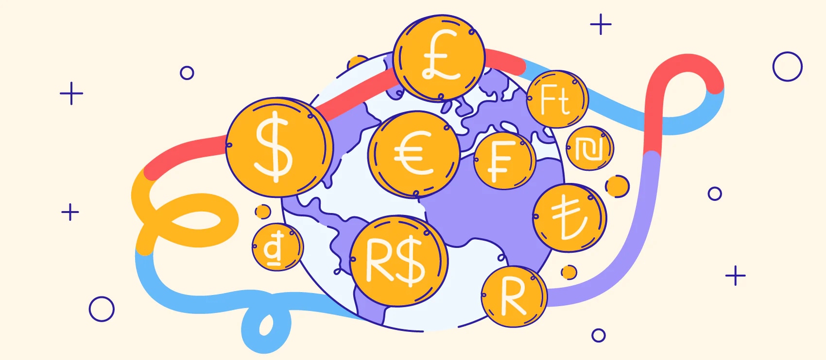 Illustration of global currency symbols around the world, representing international financial transactions.