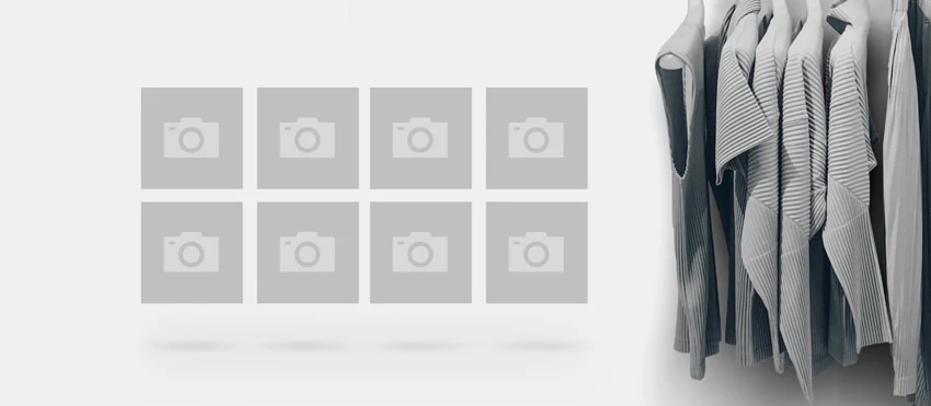 Row of striped shirts on hangers beside a grid of placeholder image icons.