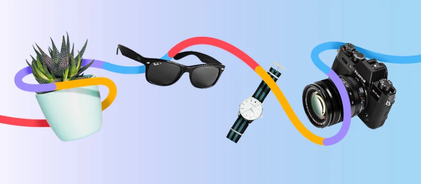 Collage of product images including plant, sunglasses, watch, and camera on gradient background.