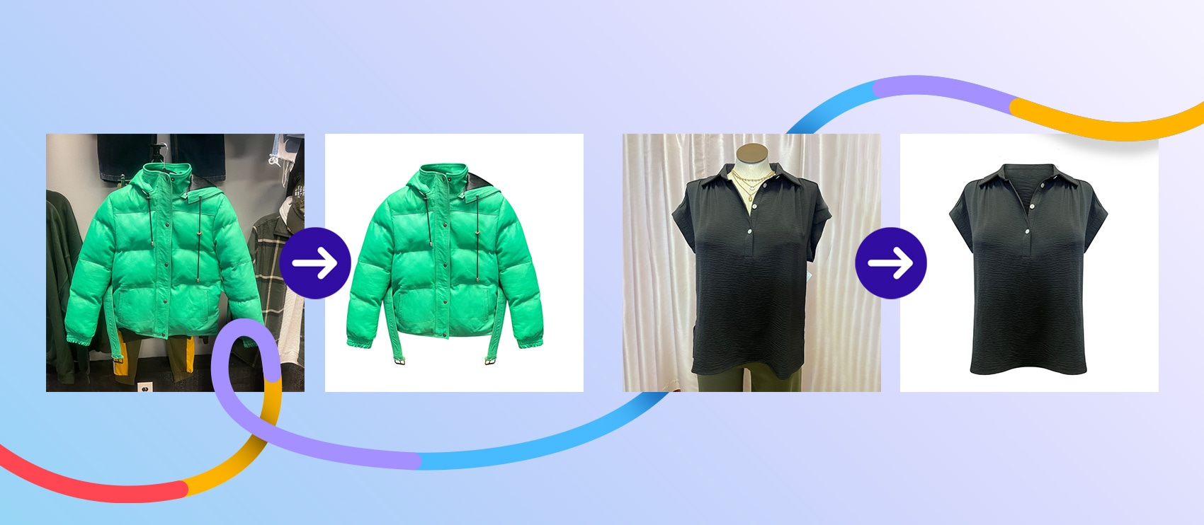 Side-by-side before and after images showing symmetry photo editing on a green puffer jacket and a black blouse, with background removal and centering for polished ecommerce presentation.