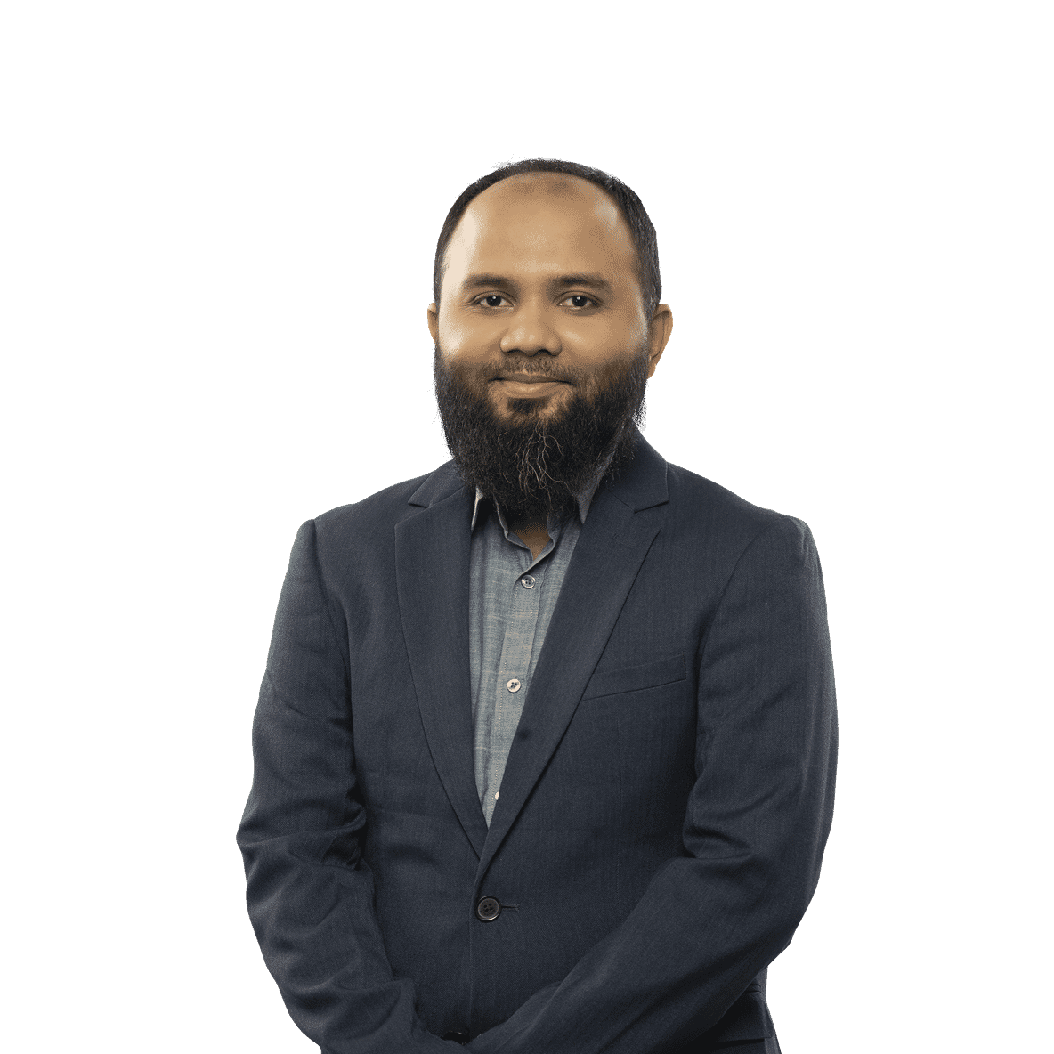 Calm assistant manager in navy blue blazer and gray shirt with hands folded in front, edited