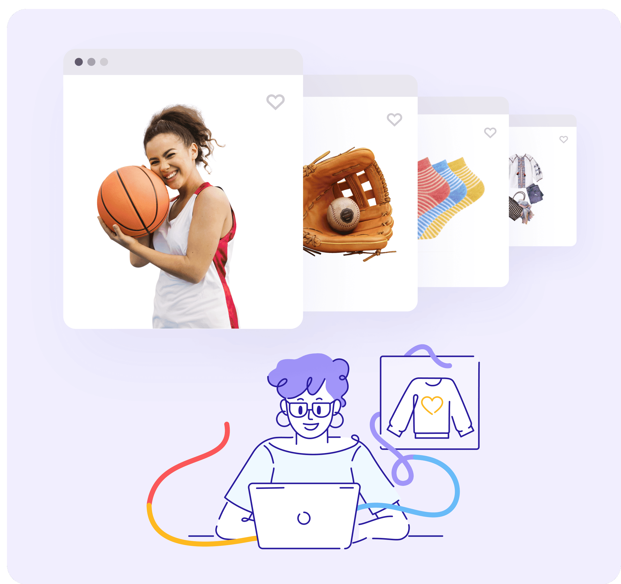 Illustration of a user editing images on a computer, featuring thumbnails of sports and product photos for bulk editing workflows.