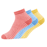 Striped socks in red, blue, and yellow with seamless color changes for product display. Edited.