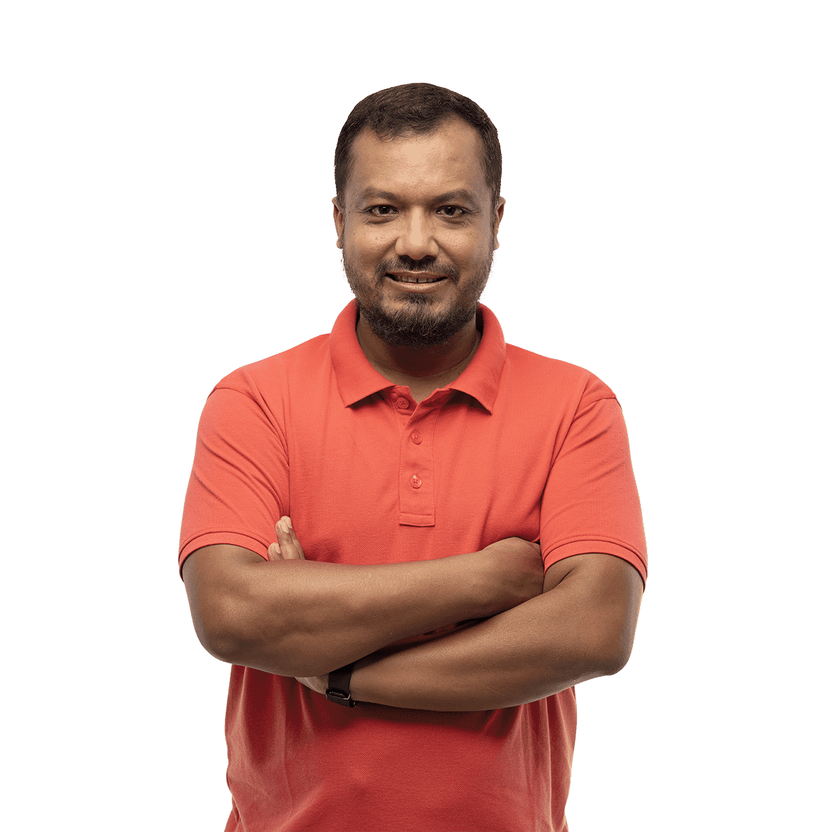 Confident deputy manager of HR and admin in red polo shirt with arms crossed and trimmed beard, edited