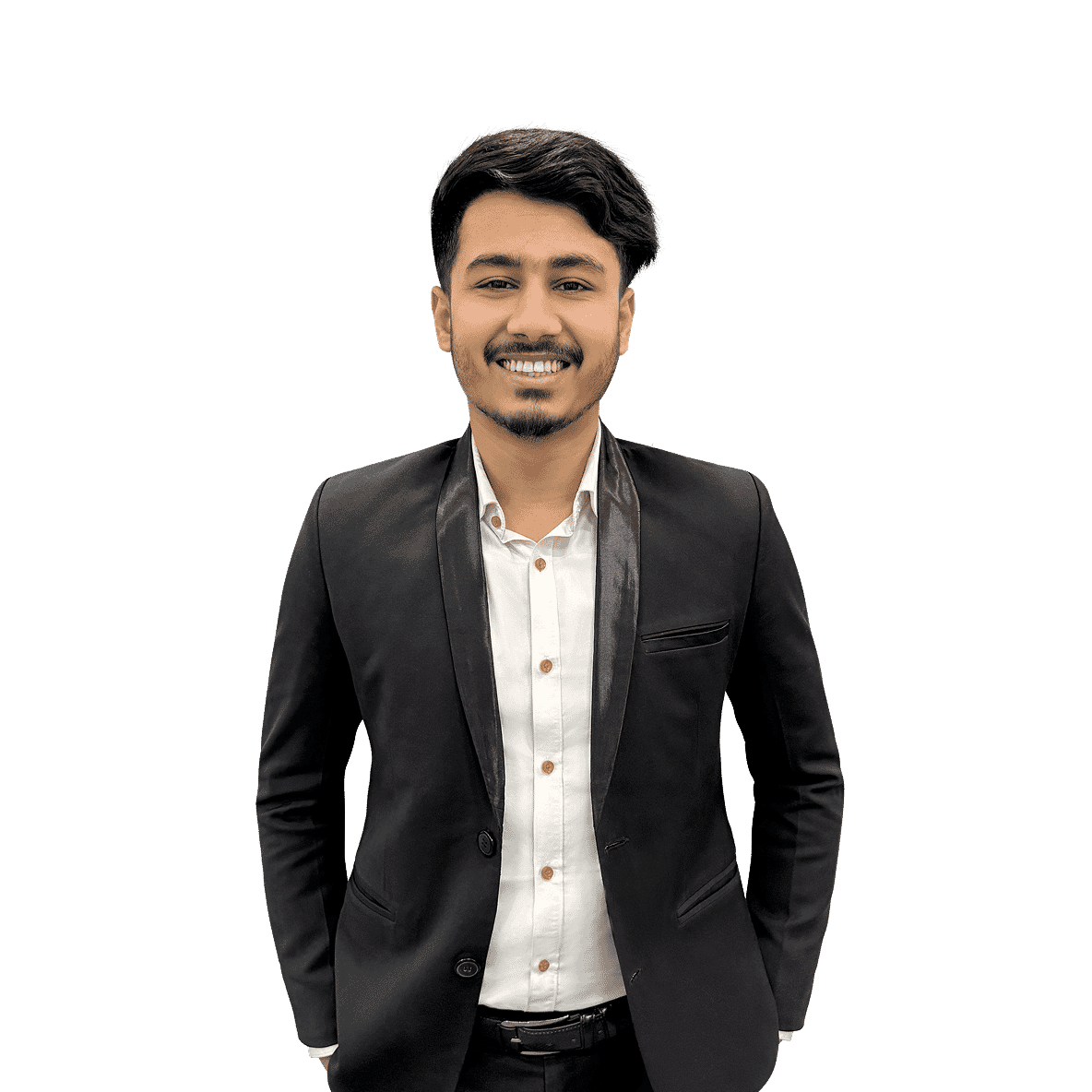 Smiling executive of quality control in black tuxedo and white shirt with gold buttons, edited