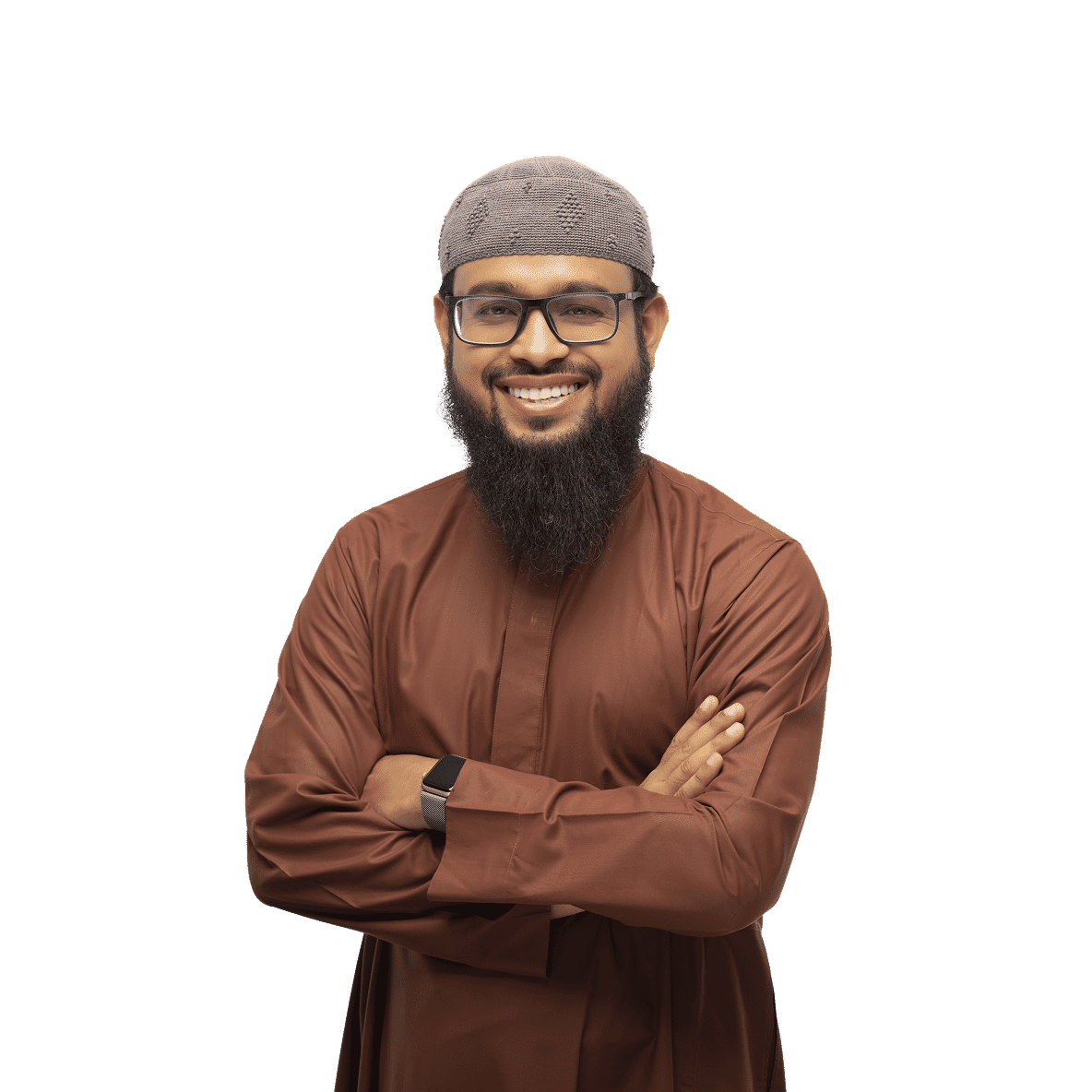 Smiling IT project manager and technical lead in brown traditional attire with gray cap and glasses, edited