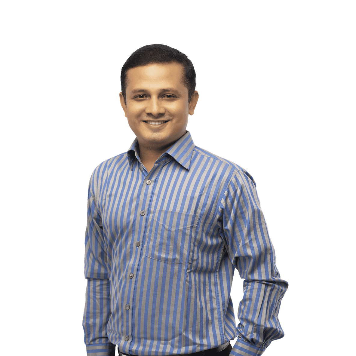 Smiling order and service manager in blue and gray vertical striped shirt, hands relaxed by side, edited