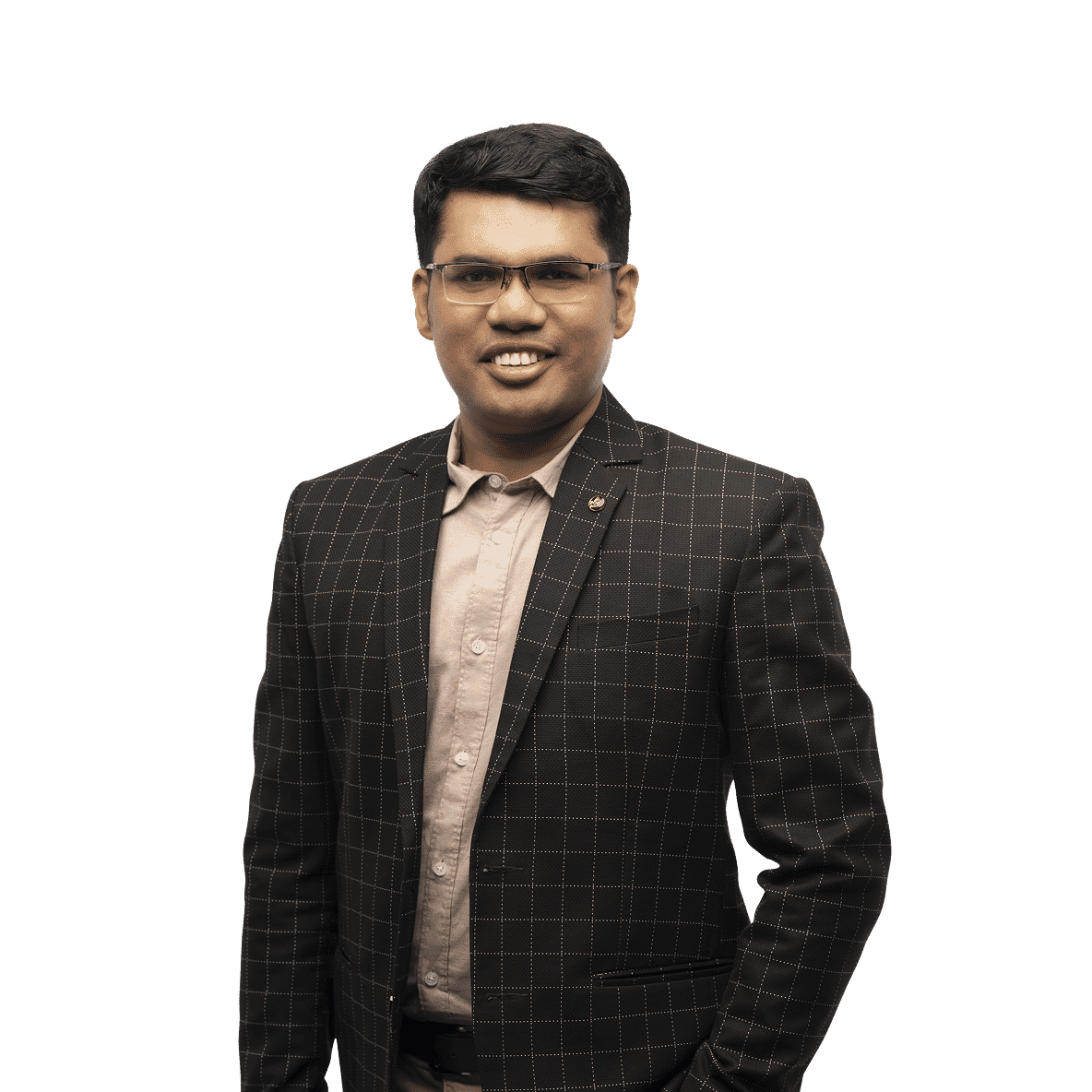 Smiling order and service manager in checked black blazer and light brown shirt with glasses, edited