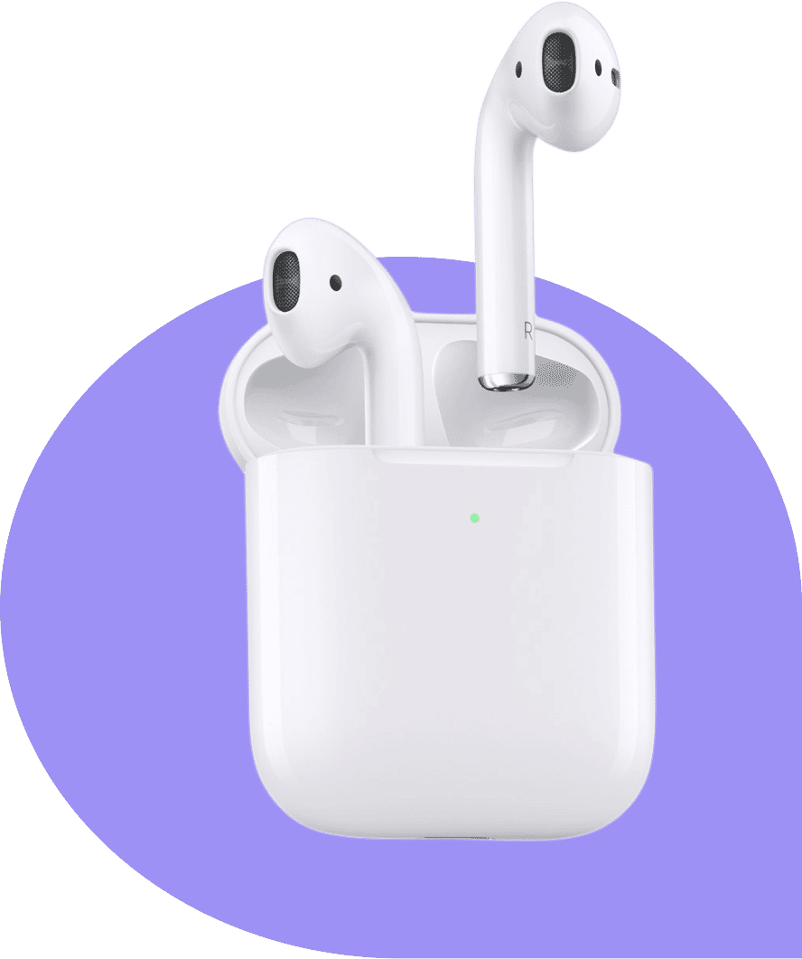 White wireless earbuds against a violet background, highlighting Path’s professional and ready-to-sell photo editing services.