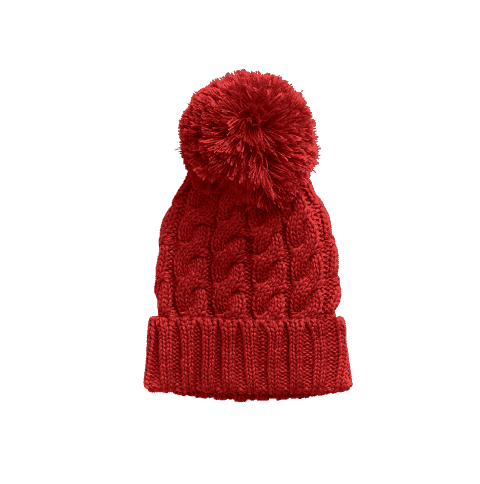 A red knitted winter hat with a pom-pom, isolated on a transparent background using precise image masking techniques.
