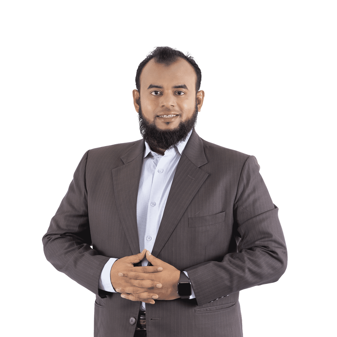 Confident senior account manager in brown suit and light blue shirt with hands clasped, edited