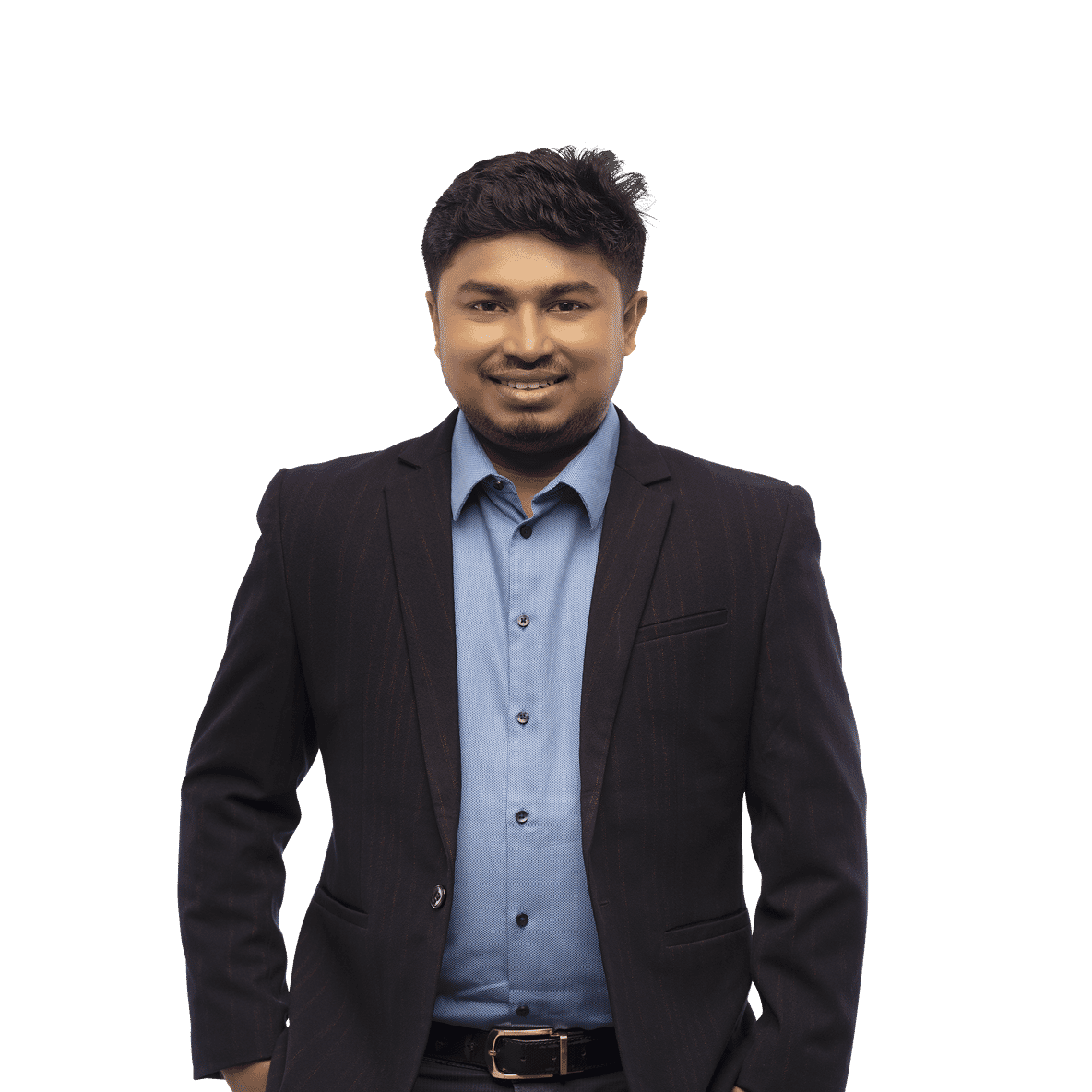 Smiling senior executive of HR and admin in navy blazer and blue shirt with one hand in pocket, edited