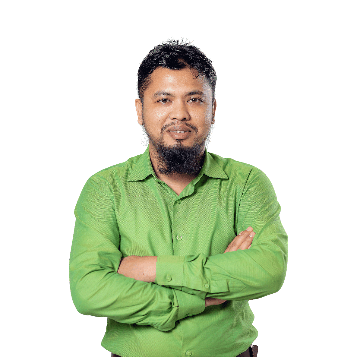 Senior executive of R&D in bright green shirt with arms crossed and styled hair, edited