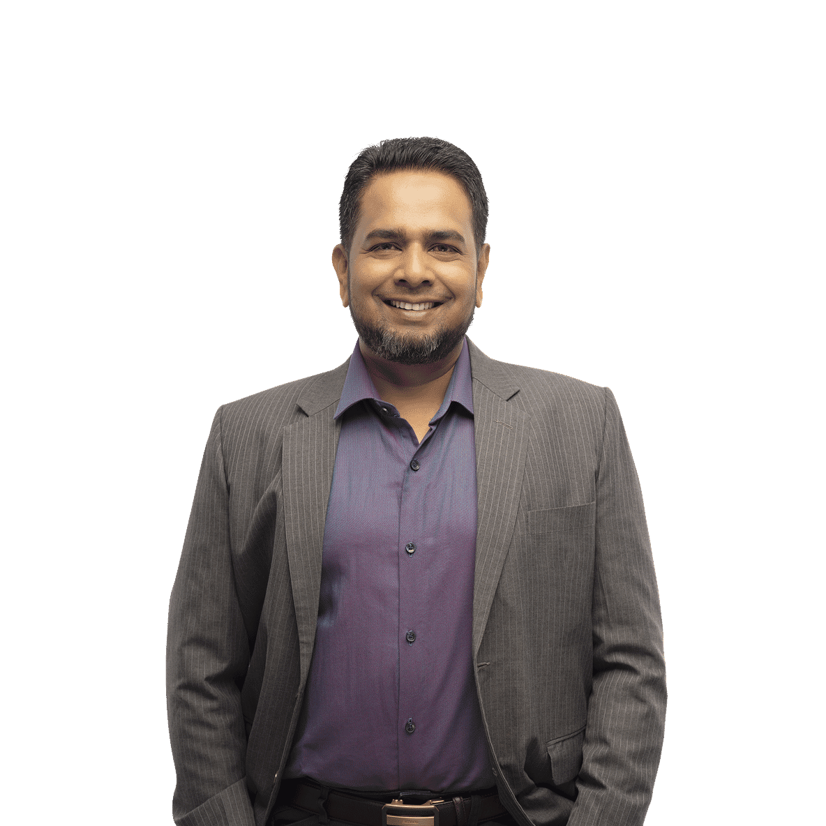 Smiling senior production manager in gray pinstripe suit and purple shirt against transparent background, edited