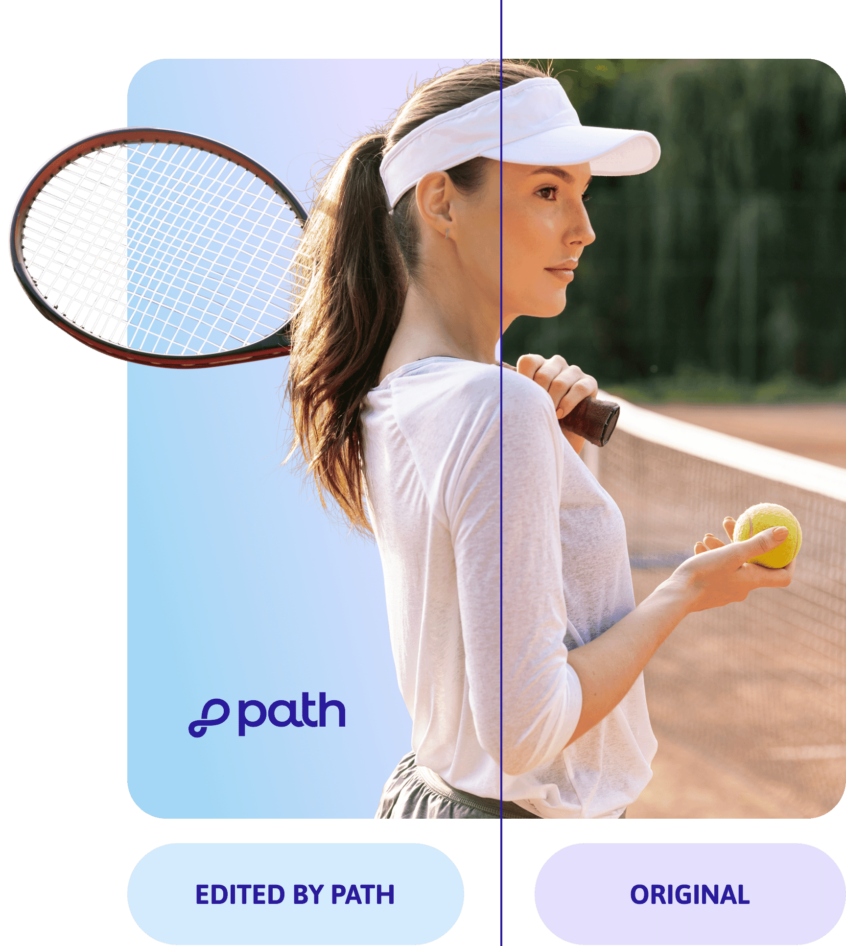 Side-by-side comparison of a tennis player’s portrait, showcasing enhanced sports photo editing with vibrant colors and sharp details.