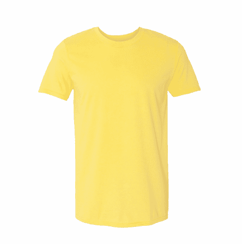 A yellow t-shirt displayed with a ghost mannequin effect, showcasing the garment with a clean, hollow interior.